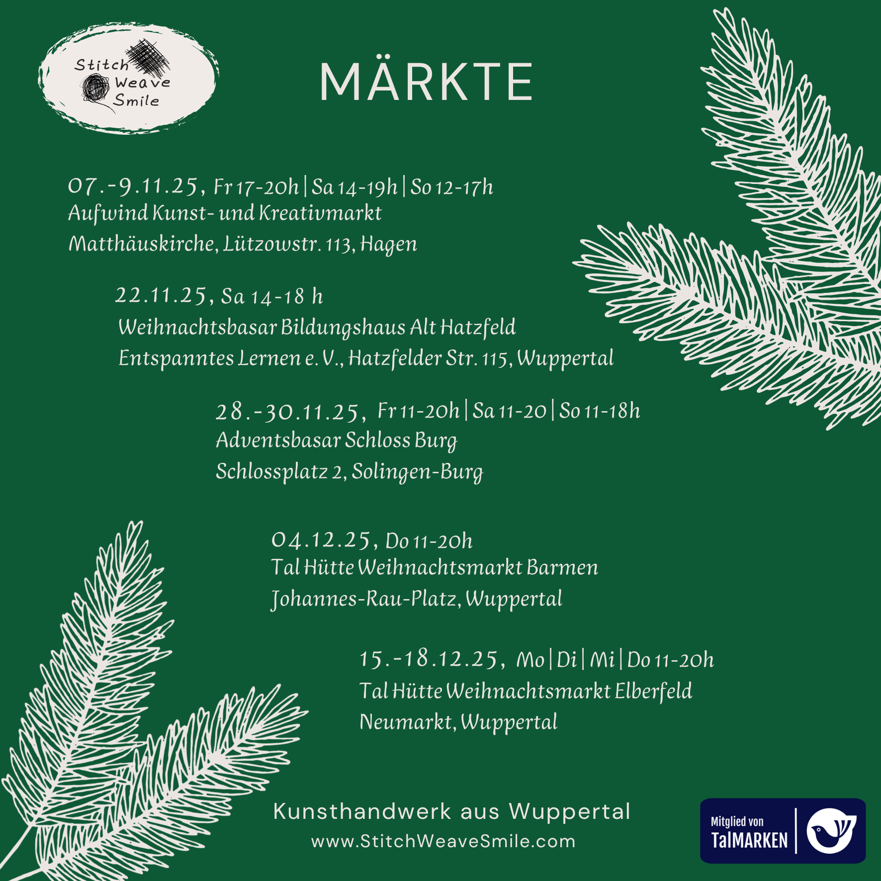 Übersicht der Markttermine 2025 von StitchWeaveSmile, Screenreaderfähig lesbar auf Unterseite Märkte