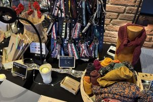 Verkaufsstand Hagen 2025_11-2 ©StitchWeaveSmile Verkaufsstand vor Backsteinwand mit Büchern, Taschen, Schmuck, Körben