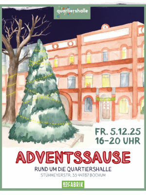 QuartiershalleKoFabrik @KoFabrik Flyer Adventssause Rund um die Auartiershalle Fr. 5.12.25 16-20h, gezeichnetes Bild eines Tannenbaums vor einer Backsteinfabrik
