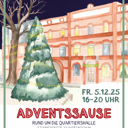 QuartiershalleKoFabrik @KoFabrik Flyer Adventssause Rund um die Auartiershalle Fr. 5.12.25 16-20h, gezeichnetes Bild eines Tannenbaums vor einer Backsteinfabrik