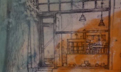 Enkaustik Bild mit einer Zeichnung des Atelierschaufensters hinter blauem und orangenem Wachs